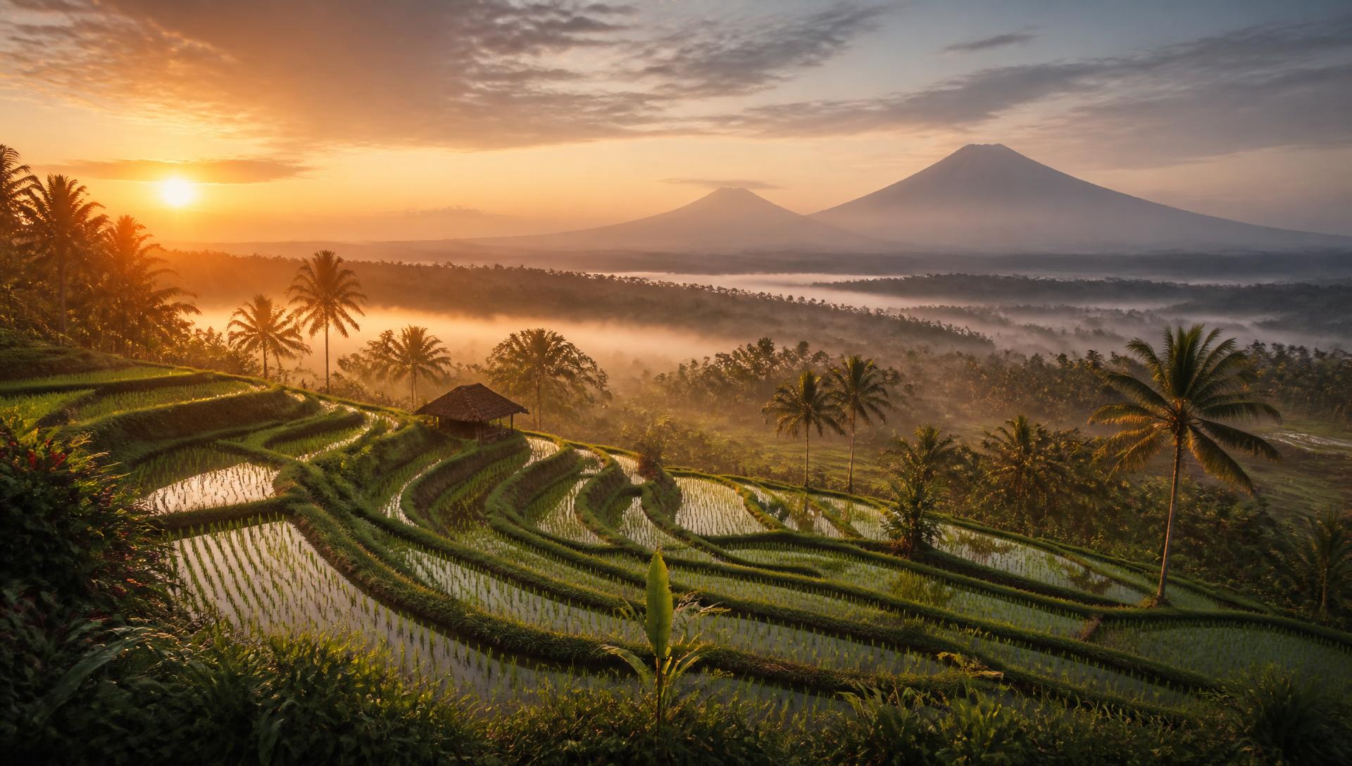 Sunrise over terraced rice paddies in Bali, Indonesia